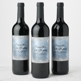 Etiqueta Para Botella De Vino Cumpleaños 40 Brillante Plata Luz Azul Foil