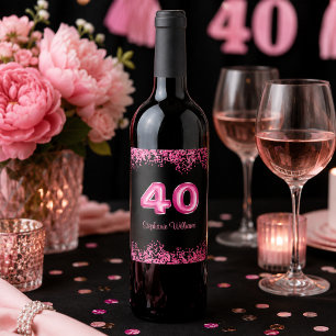 Etiqueta Para Botella De Vino Cumpleaños 40 Chic Negro Rosa Brillo Falso