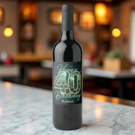 Etiqueta Para Botella De Vino Cumpleaños 40 Elegante Mosaico Metálico Verde Turq