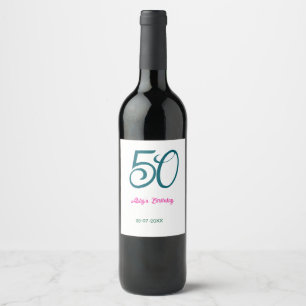 Etiqueta Para Botella De Vino cumpleaños 50 agregar nombre año turquesa rosa neg