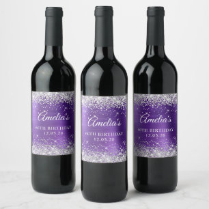 Etiqueta Para Botella De Vino Cumpleaños 60 Brillante Plata Amatista Hoja