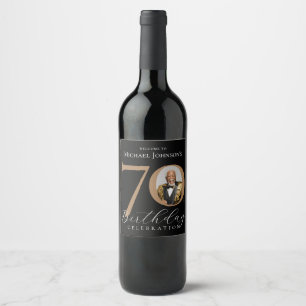 Etiqueta Para Botella De Vino Cumpleaños 70 Elegante Negro y Dorado