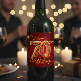 Etiqueta Para Botella De Vino Cumpleaños 70 Opulento Rojo Rubí Dorado Brillante