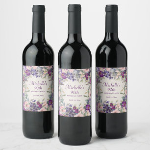 Etiqueta Para Botella De Vino Cumpleaños 90 en tono Rosa Floral con Hojas Purpur