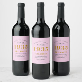 Etiqueta Para Botella De Vino Cumpleaños 90 Nacido en 1935 Agregar nombre rosa g