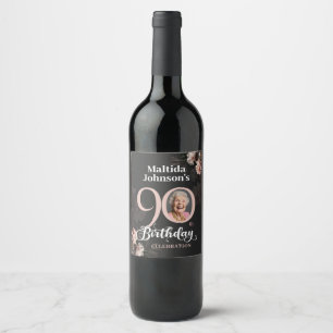 Etiqueta Para Botella De Vino Cumpleaños 90 personalizado con foto floral rosa