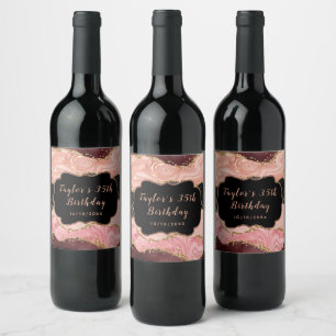 Etiqueta Para Botella De Vino Cumpleaños de ágata con lentejuelas negras y rosad