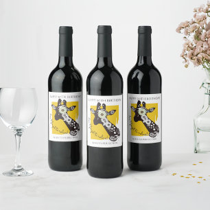 Etiqueta Para Botella De Vino Cumpleaños de Jirafa Genial Funky Amarillo