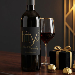 Etiqueta Para Botella De Vino Cumpleaños de lujo negro dorado cincuenta y fabulo