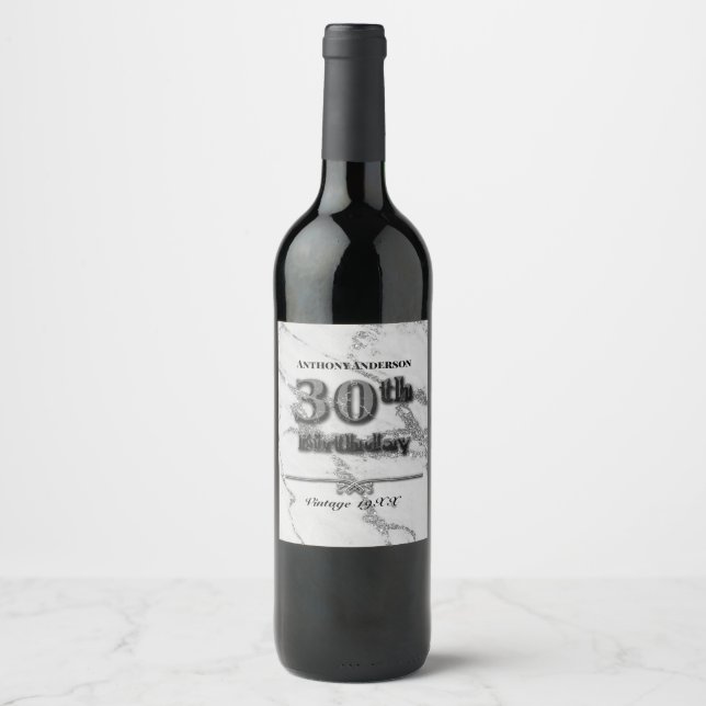 Etiqueta Para Botella De Vino Cumpleaños de mármol 30 (Anverso)