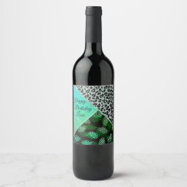 Etiqueta Para Botella De Vino Cumpleaños del leopardo tropical Verde azulado Pur
