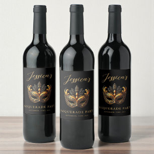 Etiqueta Para Botella De Vino Cumpleaños del oro negro de la mascarada