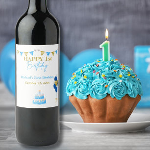 Etiqueta Para Botella De Vino Cumpleaños del primer bebé niño globos azules y do