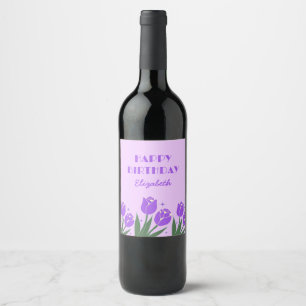 Etiqueta Para Botella De Vino Cumpleaños Elegante Retro Tulipán Floral Púrpura