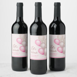 Etiqueta Para Botella De Vino Cumpleaños Elegante Rosa Beige Globos