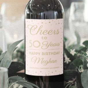 Etiqueta Para Botella De Vino Cumpleaños Feliz Brillo Rosa y Confeti Dorado