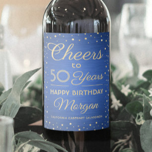 Etiqueta Para Botella De Vino Cumpleaños Feliz Brushed Azul y Confeti Dorado