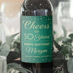 Etiqueta Para Botella De Vino Cumpleaños Feliz Brushed Verde y Dorado Confeti