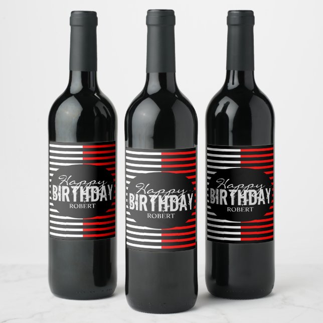 Etiqueta Para Botella De Vino Cumpleaños feliz de negros y rojos (Botellas)