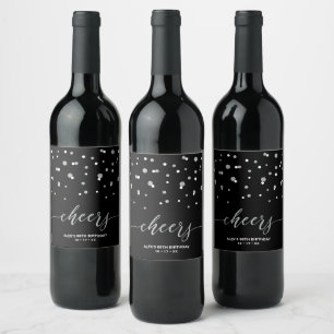 Etiqueta Para Botella De Vino Cumpleaños moderno de plata y negro para celebrar 