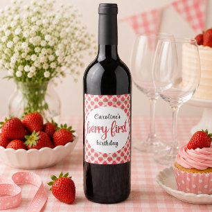 Etiqueta Para Botella De Vino Cumpleaños número 1 de Berry Sweet Strawberry