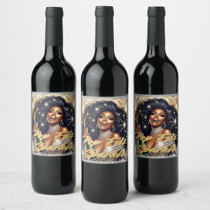Etiqueta Para Botella De Vino Cumpleaños/NYE de la mujer afroamericana Glam