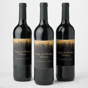 Etiqueta Para Botella De Vino Cumpleaños Personalizado Negro Dorado con Glitter 