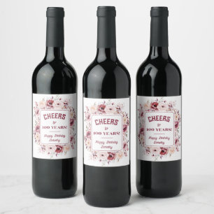 Etiqueta Para Botella De Vino Cumpleaños personalizado número 100 con flores ros