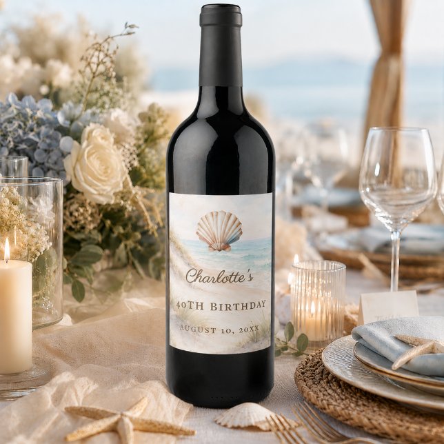 Etiqueta Para Botella De Vino Cumpleaños playa concha costera (Subido por el creador)