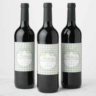 Etiqueta Para Botella De Vino Cunita de Gingham Verde Lazo de Bautizo