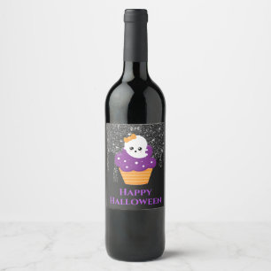 Etiqueta Para Botella De Vino Cupcake de Halloween Fantasma Kawaii
