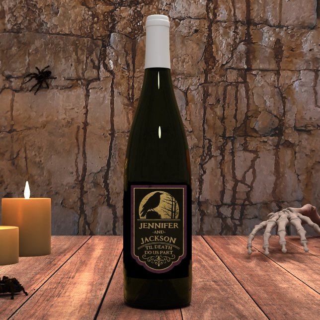 Etiqueta Para Botella De Vino Custom Raven Wedding  (Halloween Wedding Wine Bottle Label with Raven Moon and Spooky Tree)