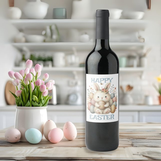 Etiqueta Para Botella De Vino Cuta acuarela Bunny Easter personalizable (Cute watercolor Bunny Easter customizable Balloon)