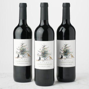 Etiqueta Para Botella De Vino Cuta acuarela moderna Meowy Cats de árbol de Navid