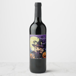 Etiqueta Para Botella De Vino Cute Anime Halloween Witch