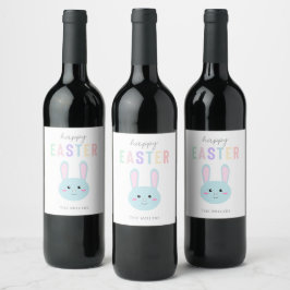 Etiqueta Para Botella De Vino Cute Kawaii Bunny Blue Feliz Pascua Moderna