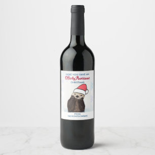 Etiqueta Para Botella De Vino Cute Otter llevando un Navidad de Santa Hat