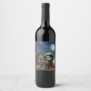 Etiqueta Para Botella De Vino Cute Skull Biker Paseo bajo la luz de la luna po