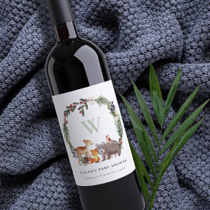 Etiqueta Para Botella De Vino Cute Woodland Animal Leafy Wreath Baby Shower