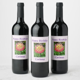 Etiqueta Para Botella De Vino Dahlia rosa y amarilla
