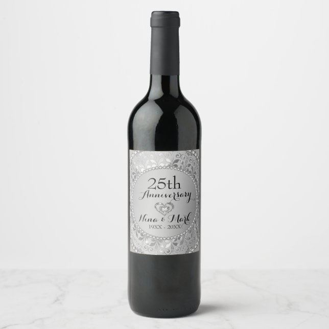 Etiqueta Para Botella De Vino Damasco metálico plateado - 25 Aniversario (Anverso)