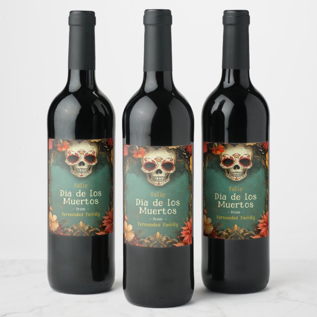 Etiqueta Para Botella De Vino 💀 🎉 de color de agua verde Día de Muertos Fiesta (Botellas)