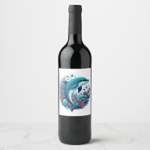 Etiqueta Para Botella De Vino Delfín cutáneo, costero/náutico