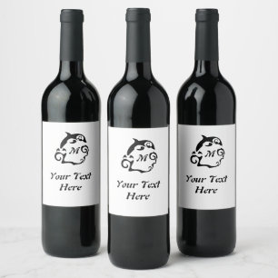 Etiqueta Para Botella De Vino Delfín de silueta en un monograma de la ola del ma