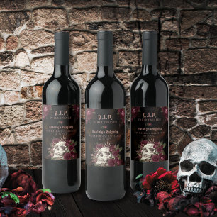 Etiqueta Para Botella De Vino Descansa en paz Rosas de cráneo de cumpleaños
