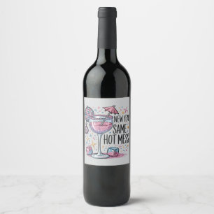 Etiqueta Para Botella De Vino Desorden Divertido de Año Nuevo Bebida de Martini