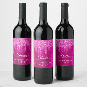 Etiqueta Para Botella De Vino Destellos Magenta que Gotean Cumpleaños 21 Glam Ro