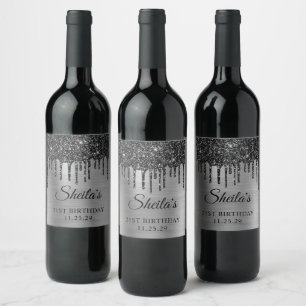 Etiqueta Para Botella De Vino Destellos Negros Gotean Holograma Plateado Cumplea