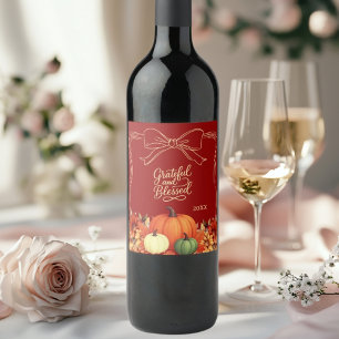 Etiqueta Para Botella De Vino Día de Acción de Gracias calabaza lazo terracota A