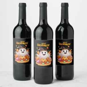 Etiqueta Para Botella De Vino Día de brujas: Fantasmas lindos y familia de calab